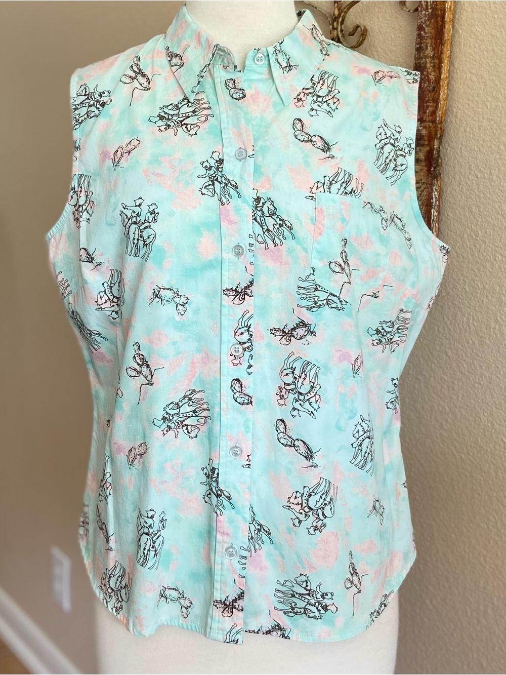Top - Shyanne - Sleeveless - Western Aqua & Pink - Cactus & Cowboys Line Drawing